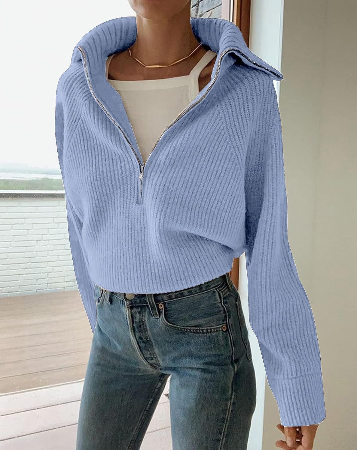 image:imageBTFBM Womens Sweaters Quarter Zip Pullover V Neck Collar Long Sleeve Ribbed Knit Loose Casual 2026 Winter Fall SweaterLight Blue