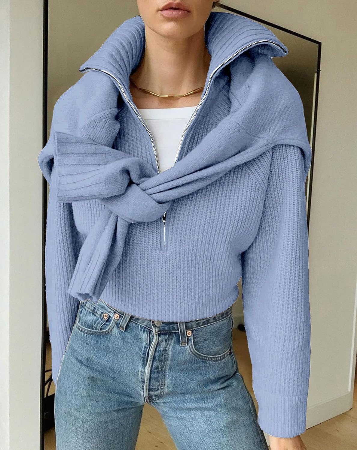image:imageBTFBM Womens Sweaters Quarter Zip Pullover V Neck Collar Long Sleeve Ribbed Knit Loose Casual 2026 Winter Fall SweaterLight Blue