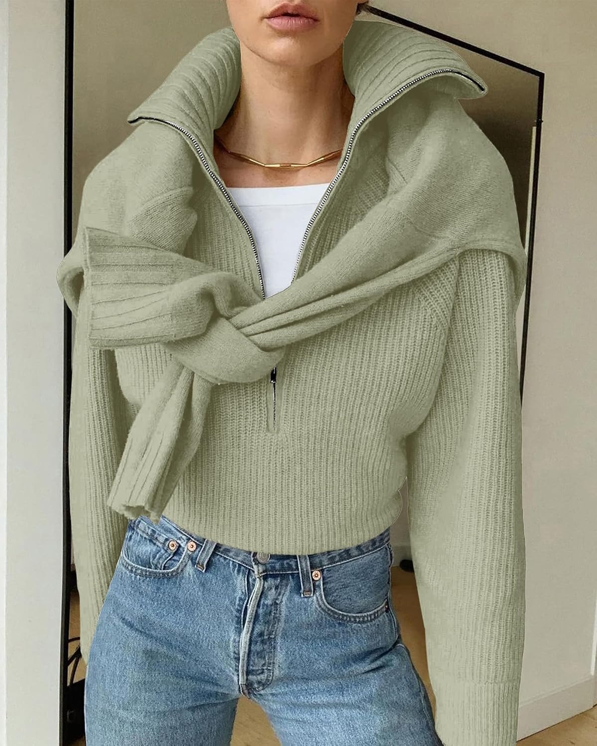image:imageBTFBM Womens Sweaters Quarter Zip Pullover V Neck Collar Long Sleeve Ribbed Knit Loose Casual 2026 Winter Fall SweaterLight Green