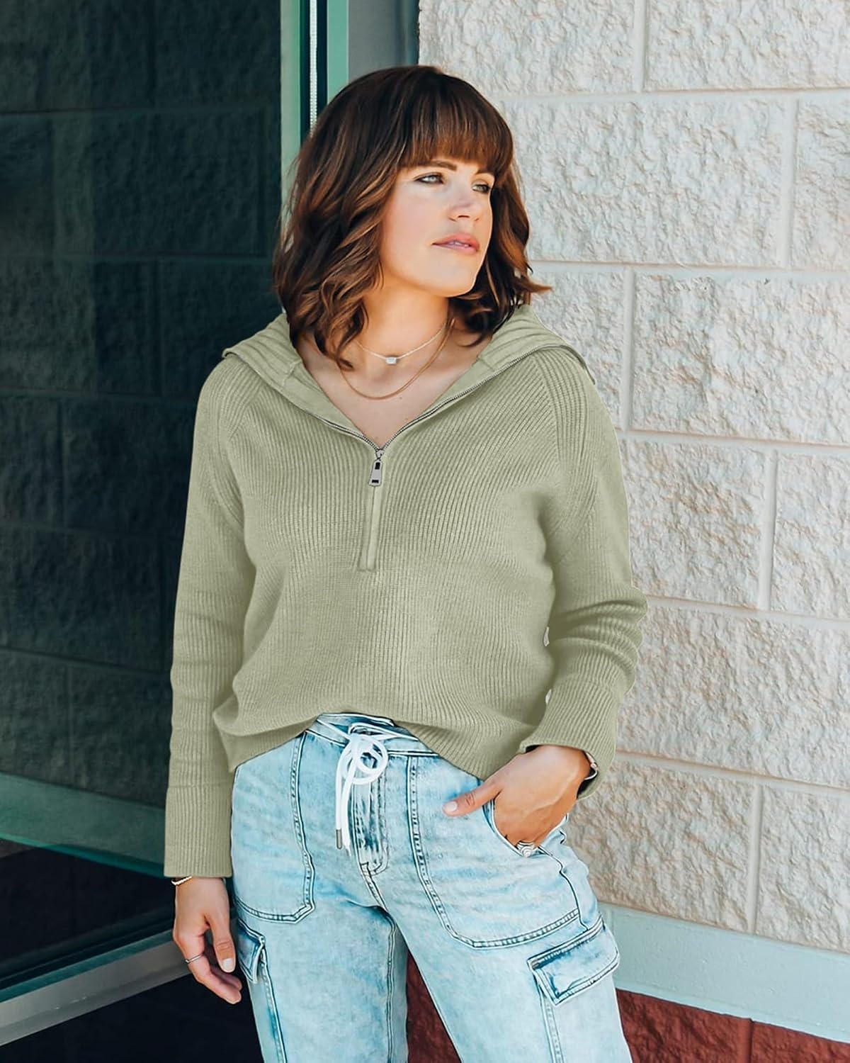 image:imageBTFBM Womens Sweaters Quarter Zip Pullover V Neck Collar Long Sleeve Ribbed Knit Loose Casual 2026 Winter Fall SweaterLight Green