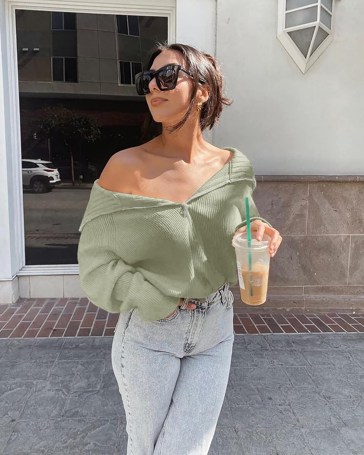 image:imageBTFBM Womens Sweaters Quarter Zip Pullover V Neck Collar Long Sleeve Ribbed Knit Loose Casual 2026 Winter Fall SweaterLight Green