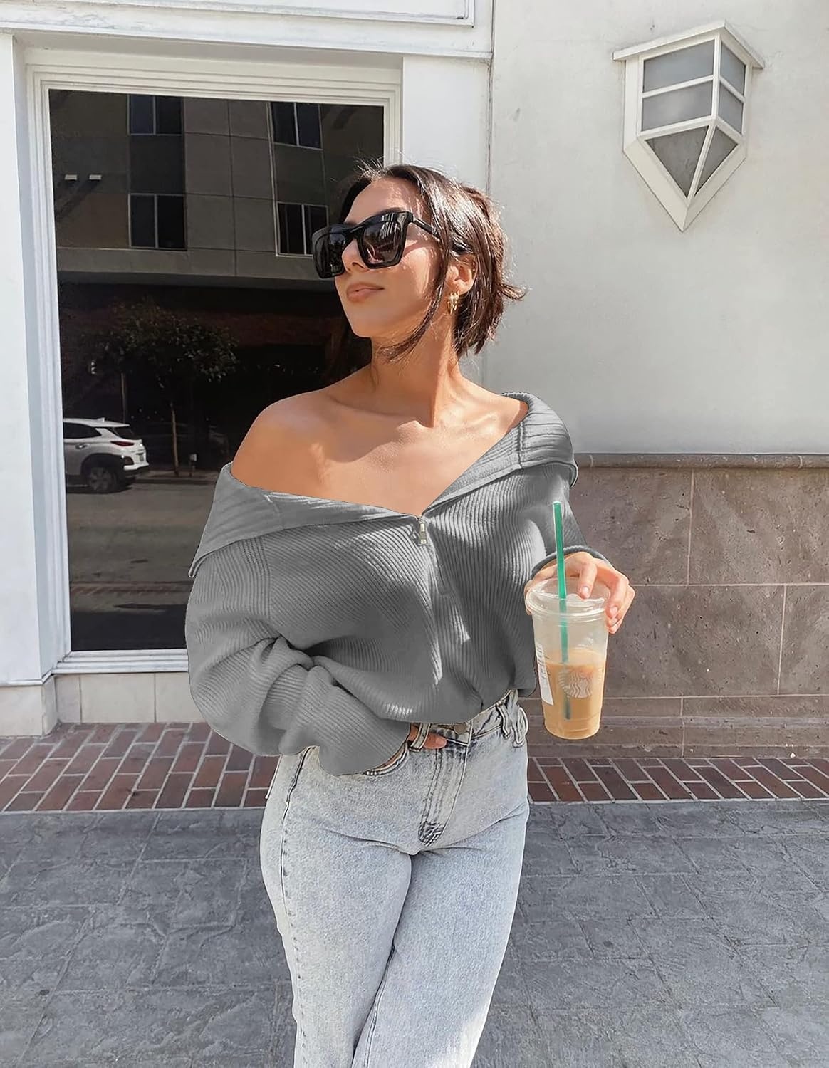 image:imageBTFBM Womens Sweaters Quarter Zip Pullover V Neck Collar Long Sleeve Ribbed Knit Loose Casual 2026 Winter Fall SweaterLight Grey