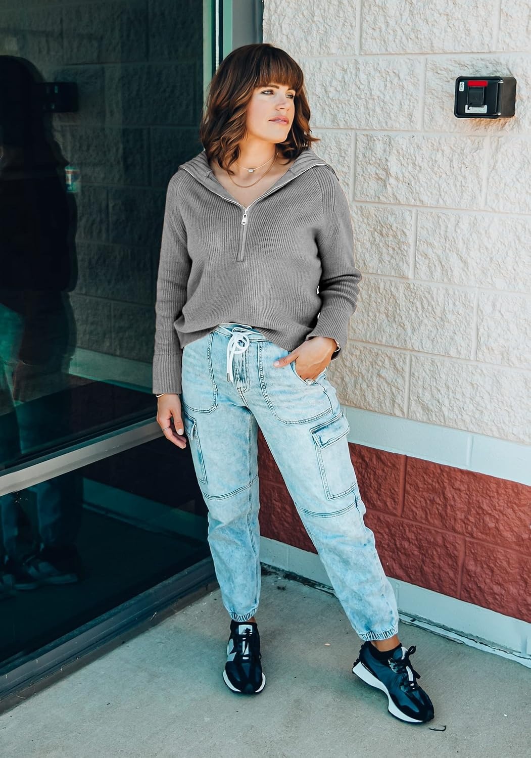 image:imageBTFBM Womens Sweaters Quarter Zip Pullover V Neck Collar Long Sleeve Ribbed Knit Loose Casual 2026 Winter Fall SweaterLight Grey
