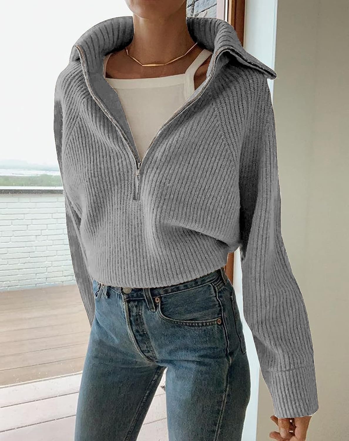 image:imageBTFBM Womens Sweaters Quarter Zip Pullover V Neck Collar Long Sleeve Ribbed Knit Loose Casual 2026 Winter Fall SweaterLight Grey