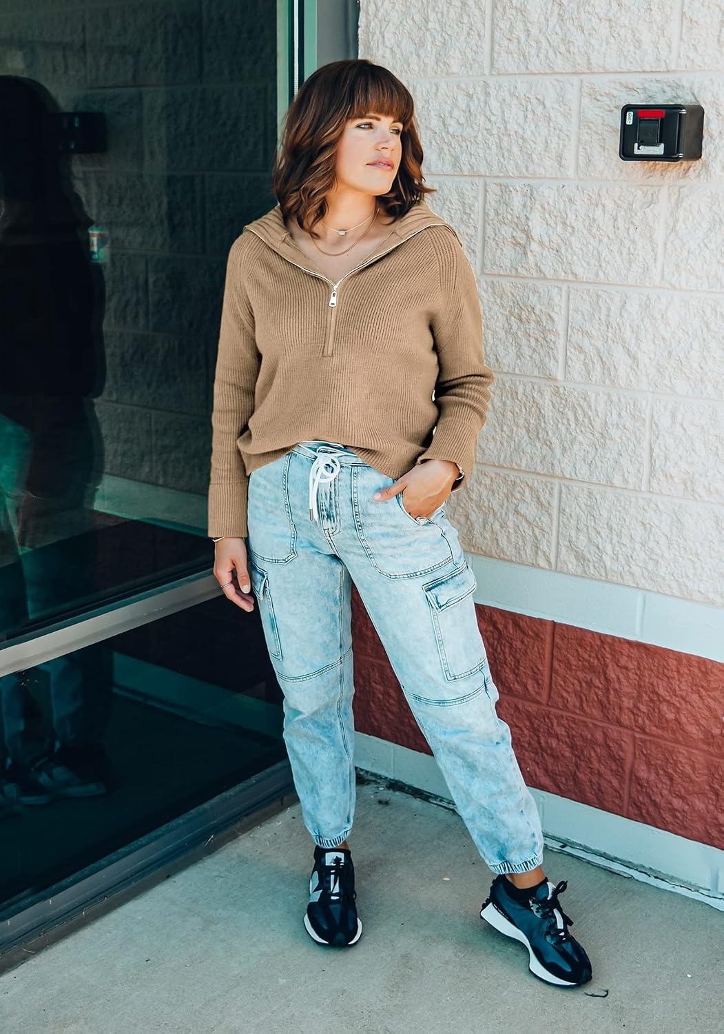 image:imageBTFBM Womens Sweaters Quarter Zip Pullover V Neck Collar Long Sleeve Ribbed Knit Loose Casual 2026 Winter Fall SweaterLight Khaki
