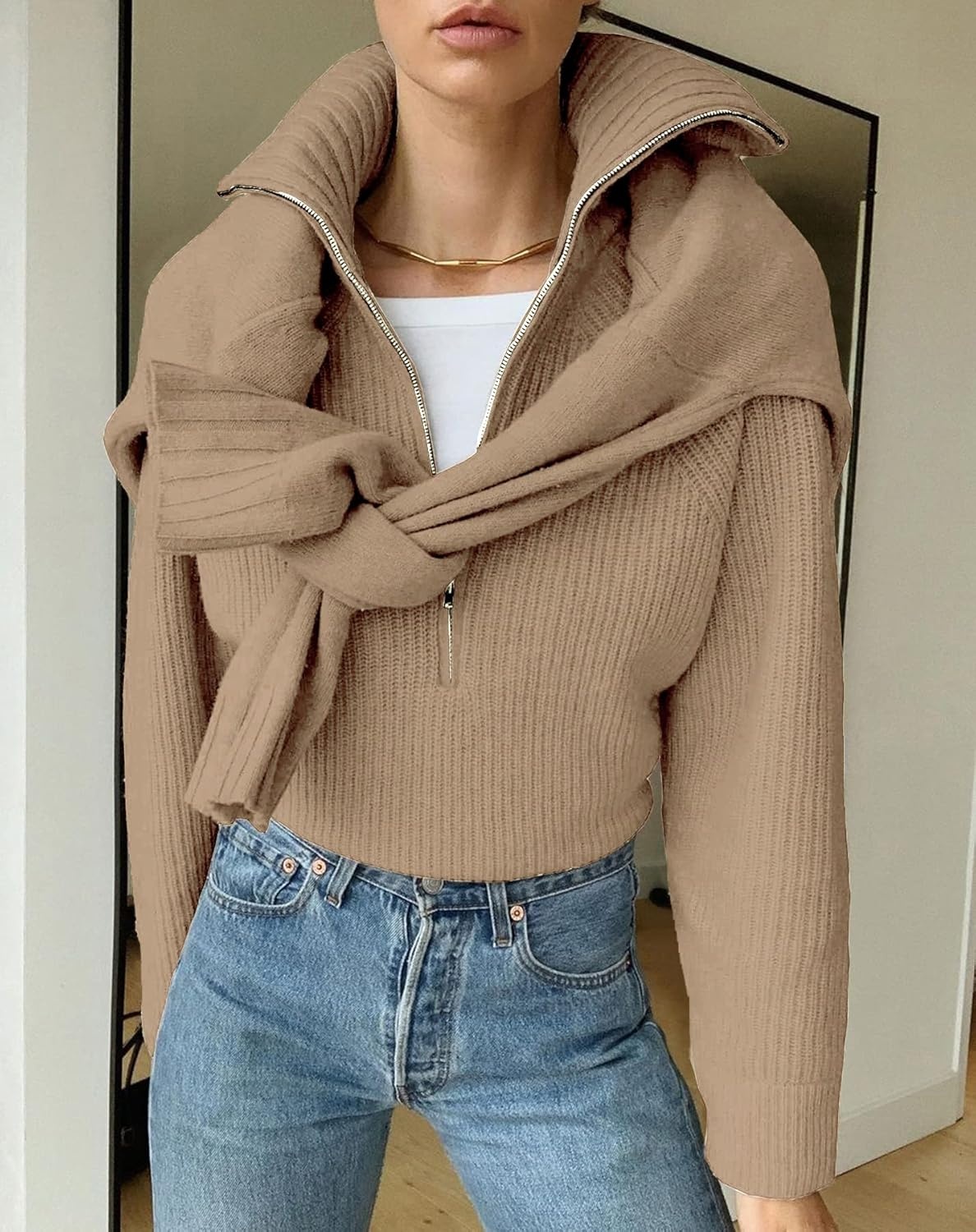 image:imageBTFBM Womens Sweaters Quarter Zip Pullover V Neck Collar Long Sleeve Ribbed Knit Loose Casual 2026 Winter Fall SweaterLight Khaki