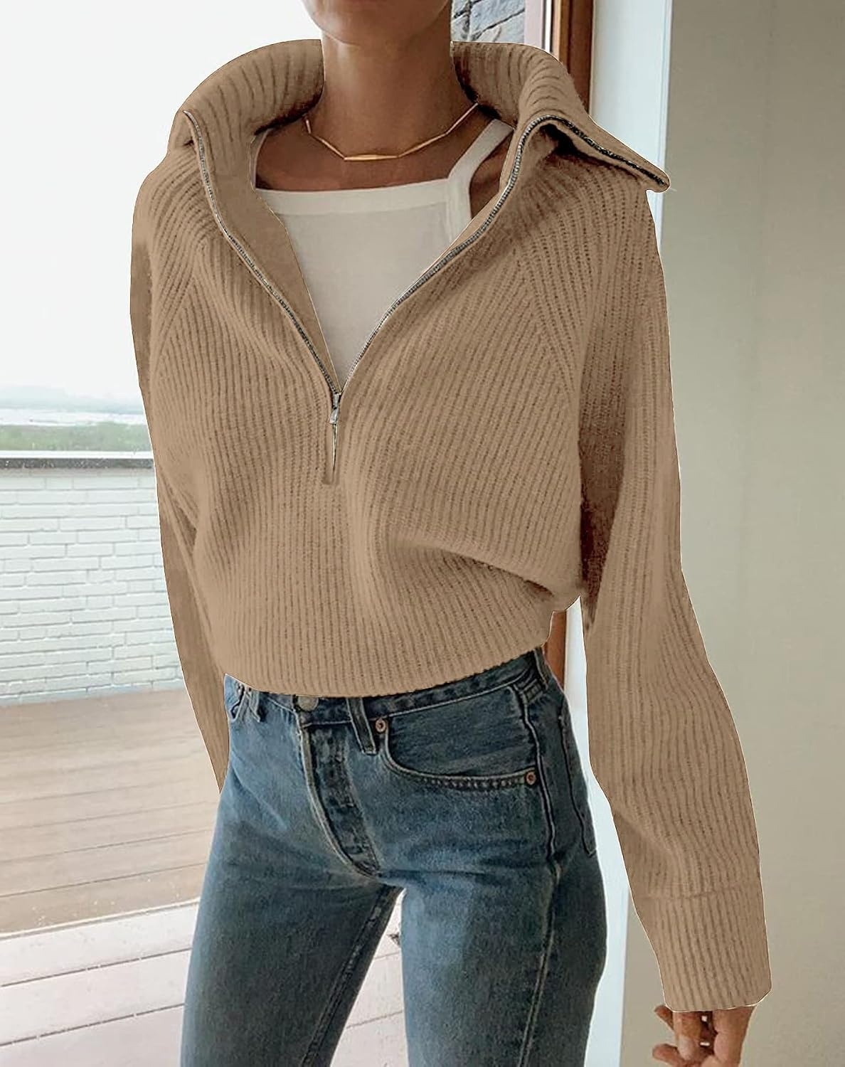 image:imageBTFBM Womens Sweaters Quarter Zip Pullover V Neck Collar Long Sleeve Ribbed Knit Loose Casual 2026 Winter Fall SweaterLight Khaki