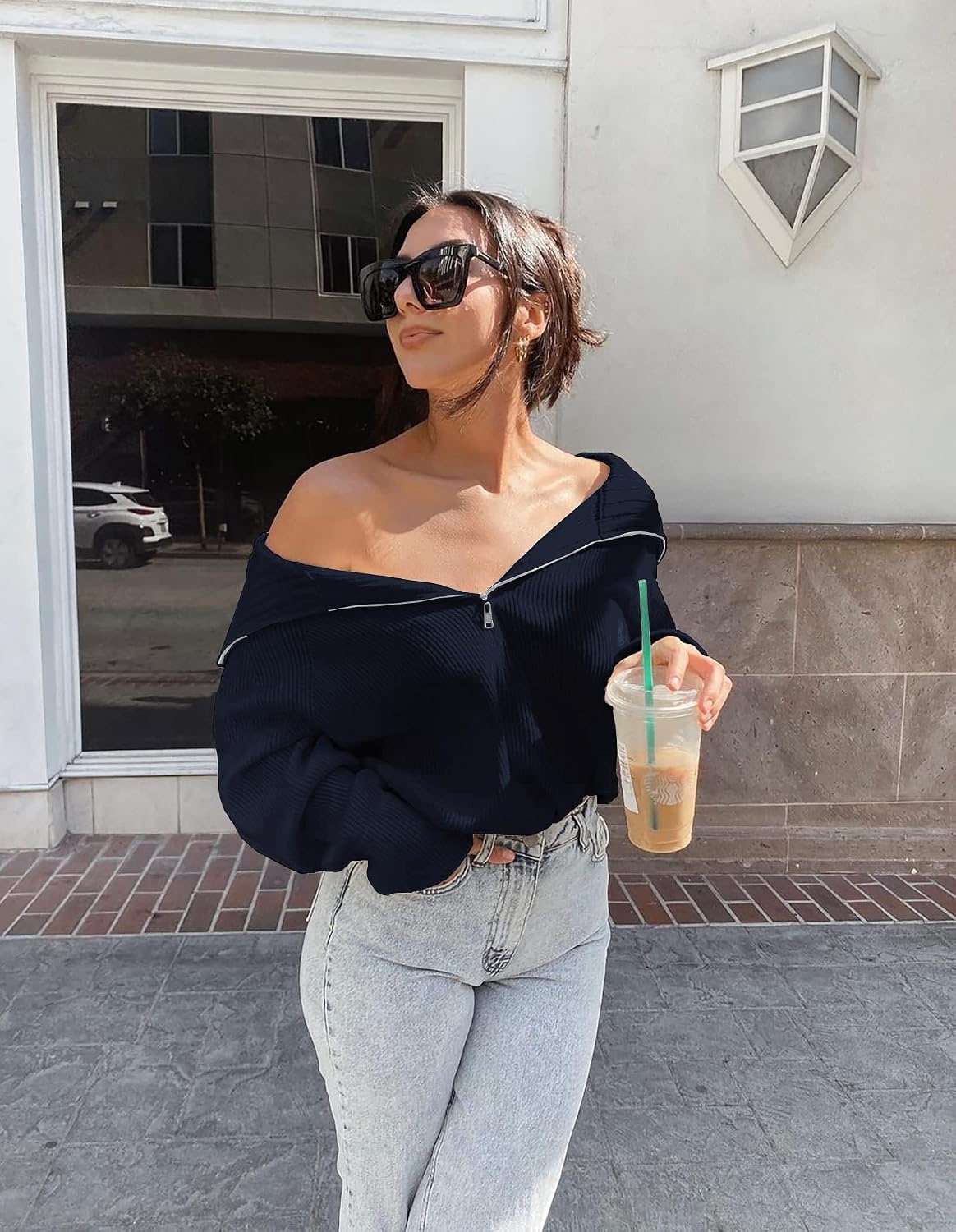 image:imageBTFBM Womens Sweaters Quarter Zip Pullover V Neck Collar Long Sleeve Ribbed Knit Loose Casual 2026 Winter Fall SweaterNavy