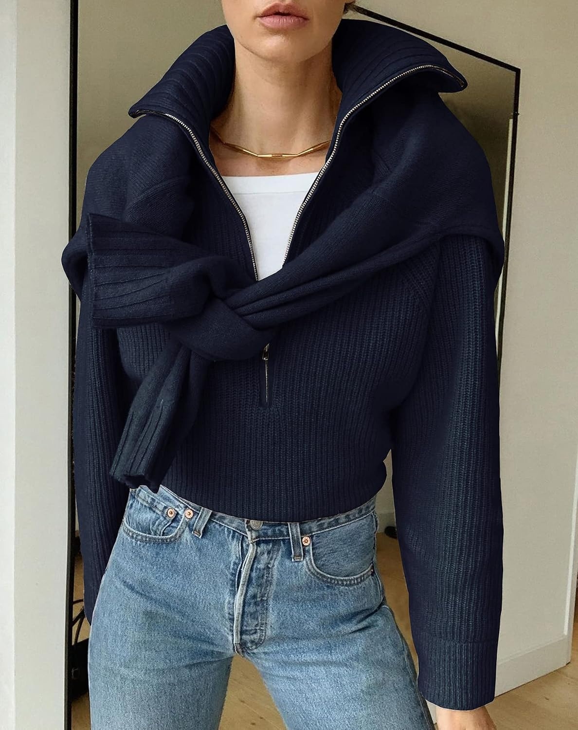 image:imageBTFBM Womens Sweaters Quarter Zip Pullover V Neck Collar Long Sleeve Ribbed Knit Loose Casual 2026 Winter Fall SweaterNavy