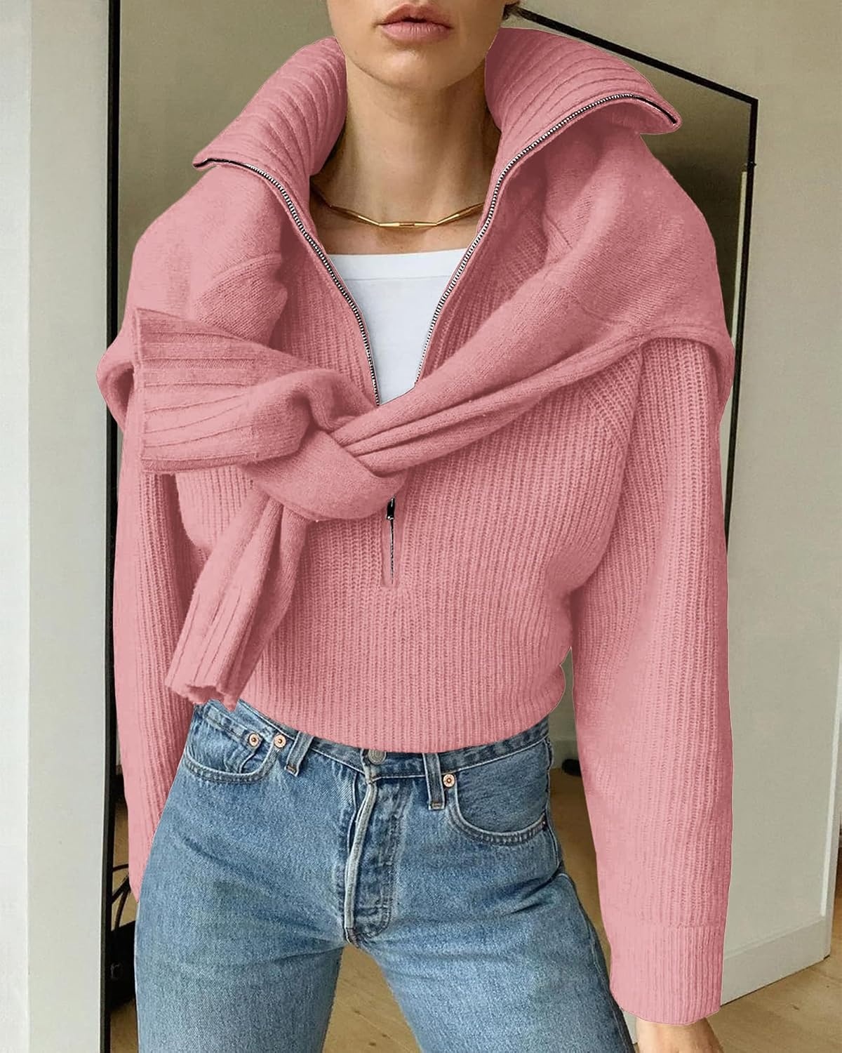 image:imageBTFBM Womens Sweaters Quarter Zip Pullover V Neck Collar Long Sleeve Ribbed Knit Loose Casual 2026 Winter Fall SweaterPink