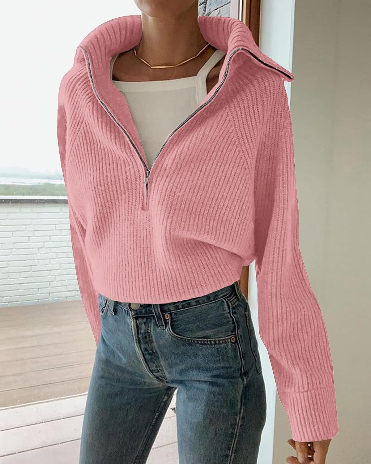 image:imageBTFBM Womens Sweaters Quarter Zip Pullover V Neck Collar Long Sleeve Ribbed Knit Loose Casual 2026 Winter Fall SweaterPink