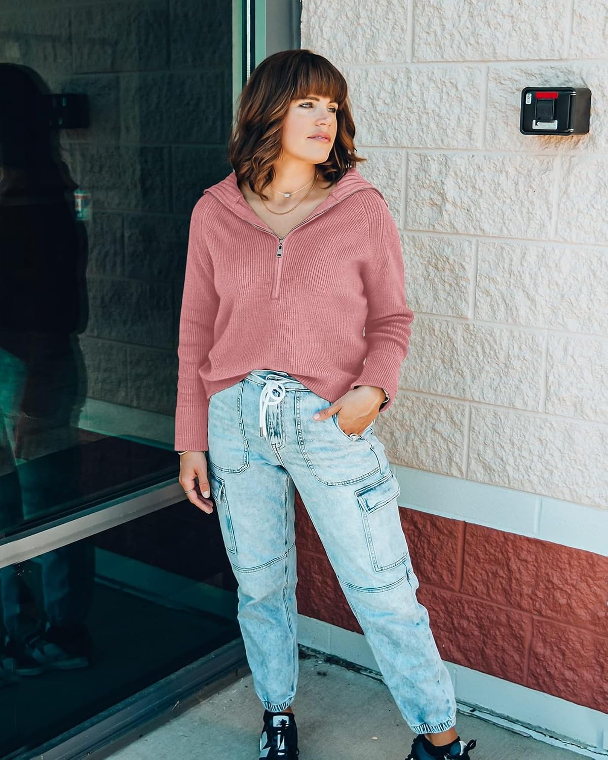 image:imageBTFBM Womens Sweaters Quarter Zip Pullover V Neck Collar Long Sleeve Ribbed Knit Loose Casual 2026 Winter Fall SweaterPink