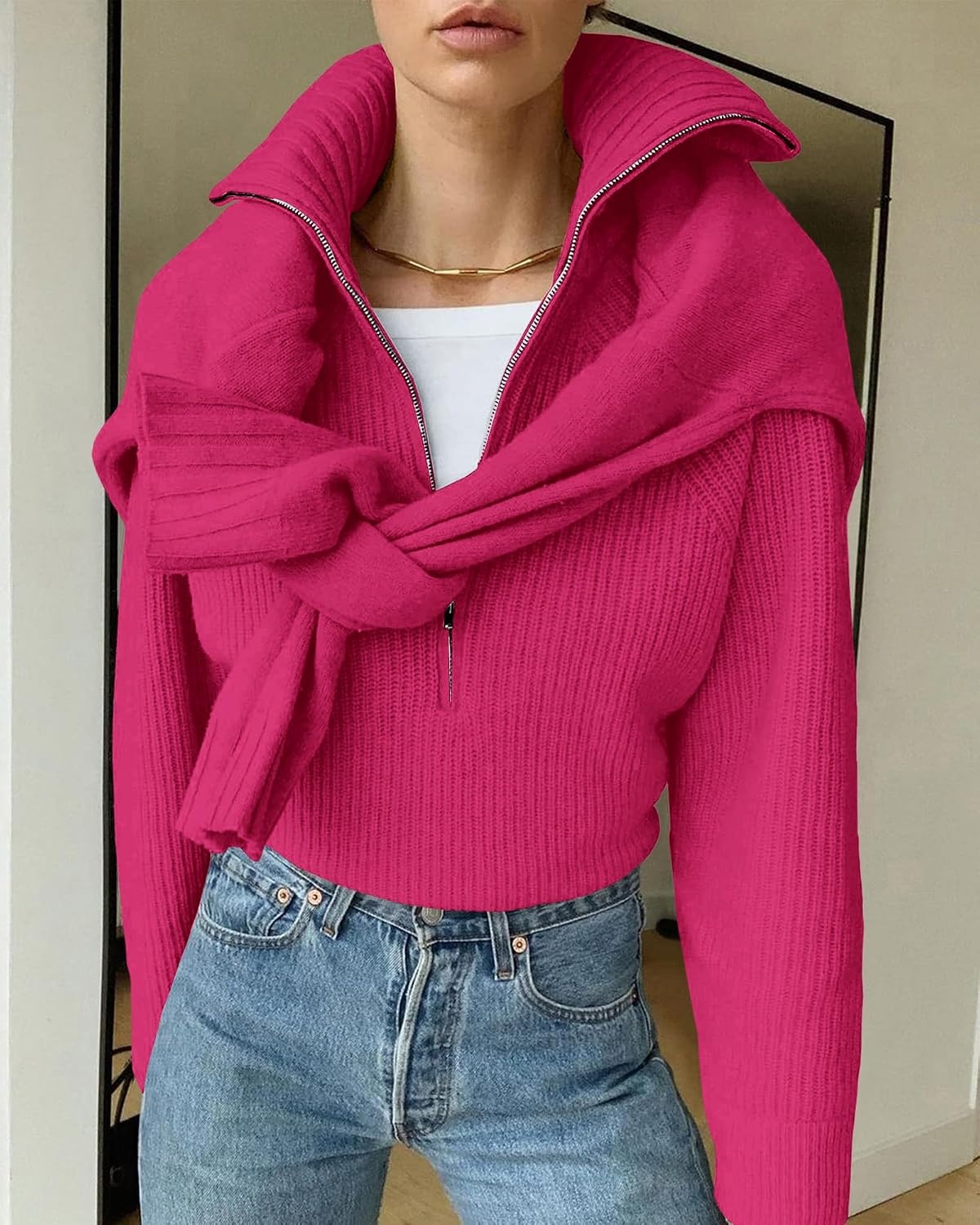 image:imageBTFBM Womens Sweaters Quarter Zip Pullover V Neck Collar Long Sleeve Ribbed Knit Loose Casual 2026 Winter Fall SweaterRose Red