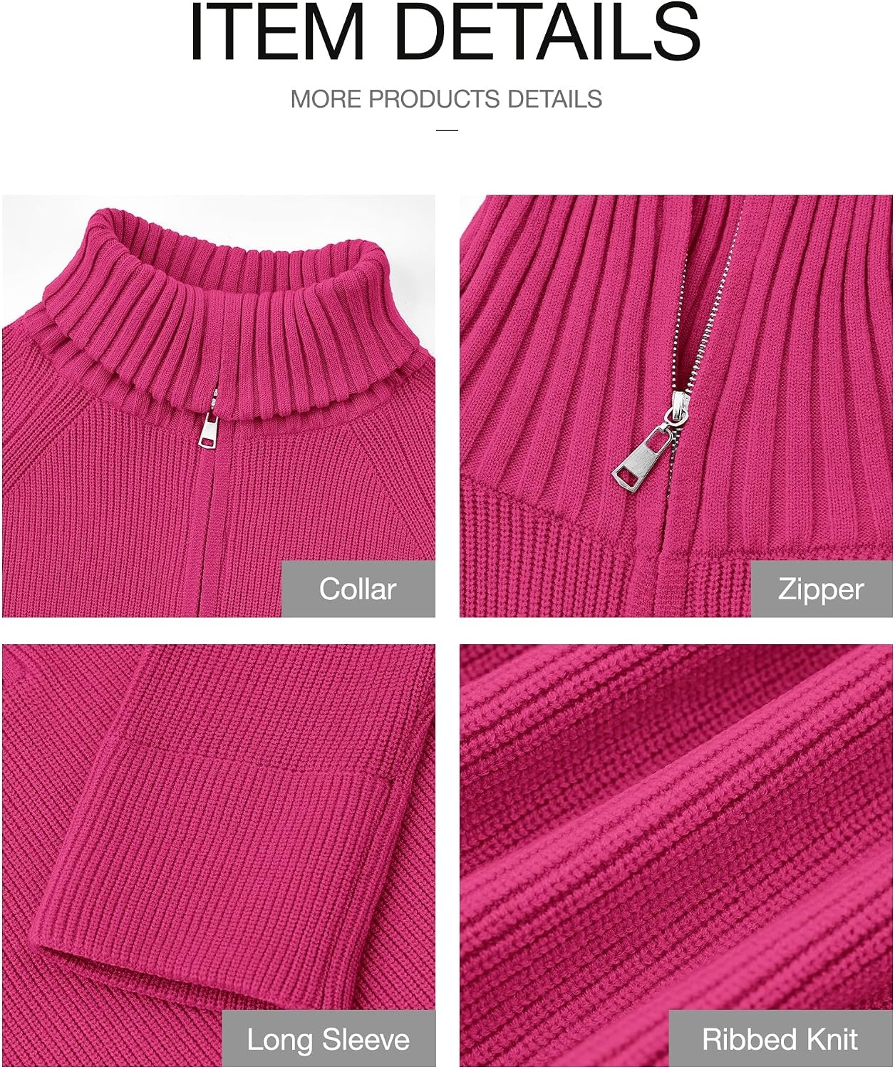 image:imageBTFBM Womens Sweaters Quarter Zip Pullover V Neck Collar Long Sleeve Ribbed Knit Loose Casual 2026 Winter Fall SweaterRose Red