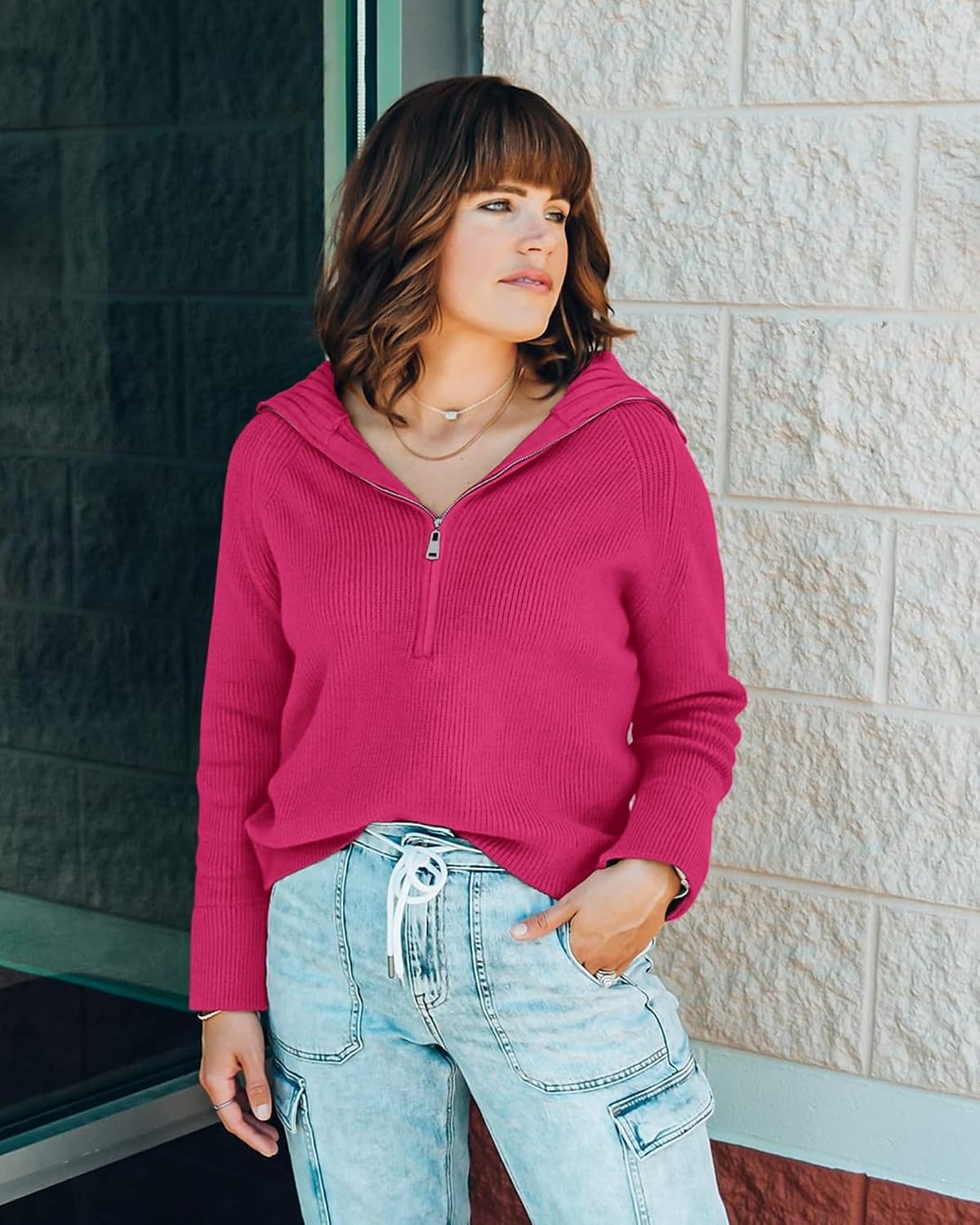 image:imageBTFBM Womens Sweaters Quarter Zip Pullover V Neck Collar Long Sleeve Ribbed Knit Loose Casual 2026 Winter Fall SweaterRose Red