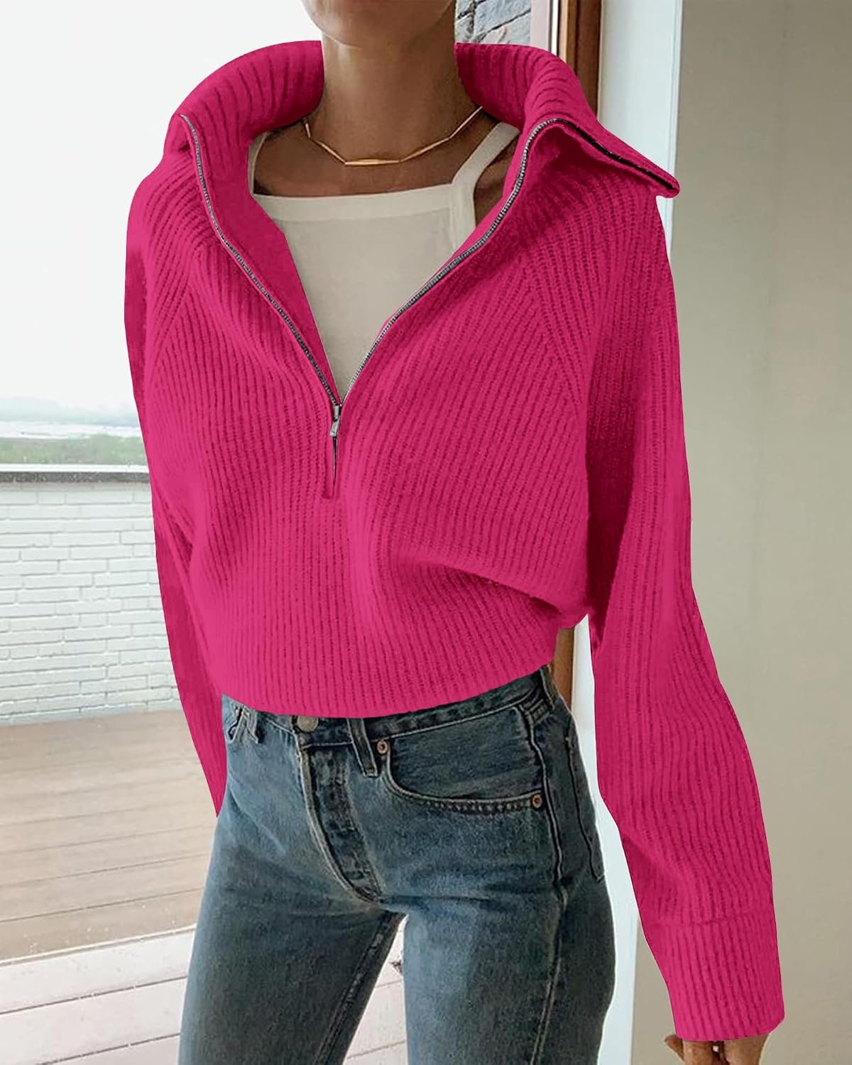 image:imageBTFBM Womens Sweaters Quarter Zip Pullover V Neck Collar Long Sleeve Ribbed Knit Loose Casual 2026 Winter Fall SweaterRose Red