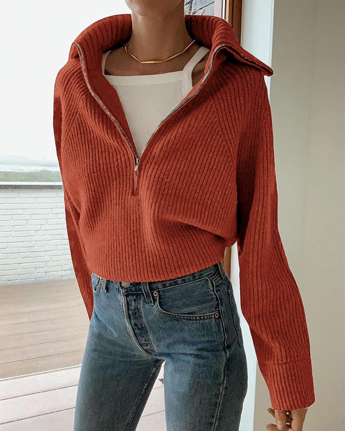 image:imageBTFBM Womens Sweaters Quarter Zip Pullover V Neck Collar Long Sleeve Ribbed Knit Loose Casual 2026 Winter Fall SweaterRust Red