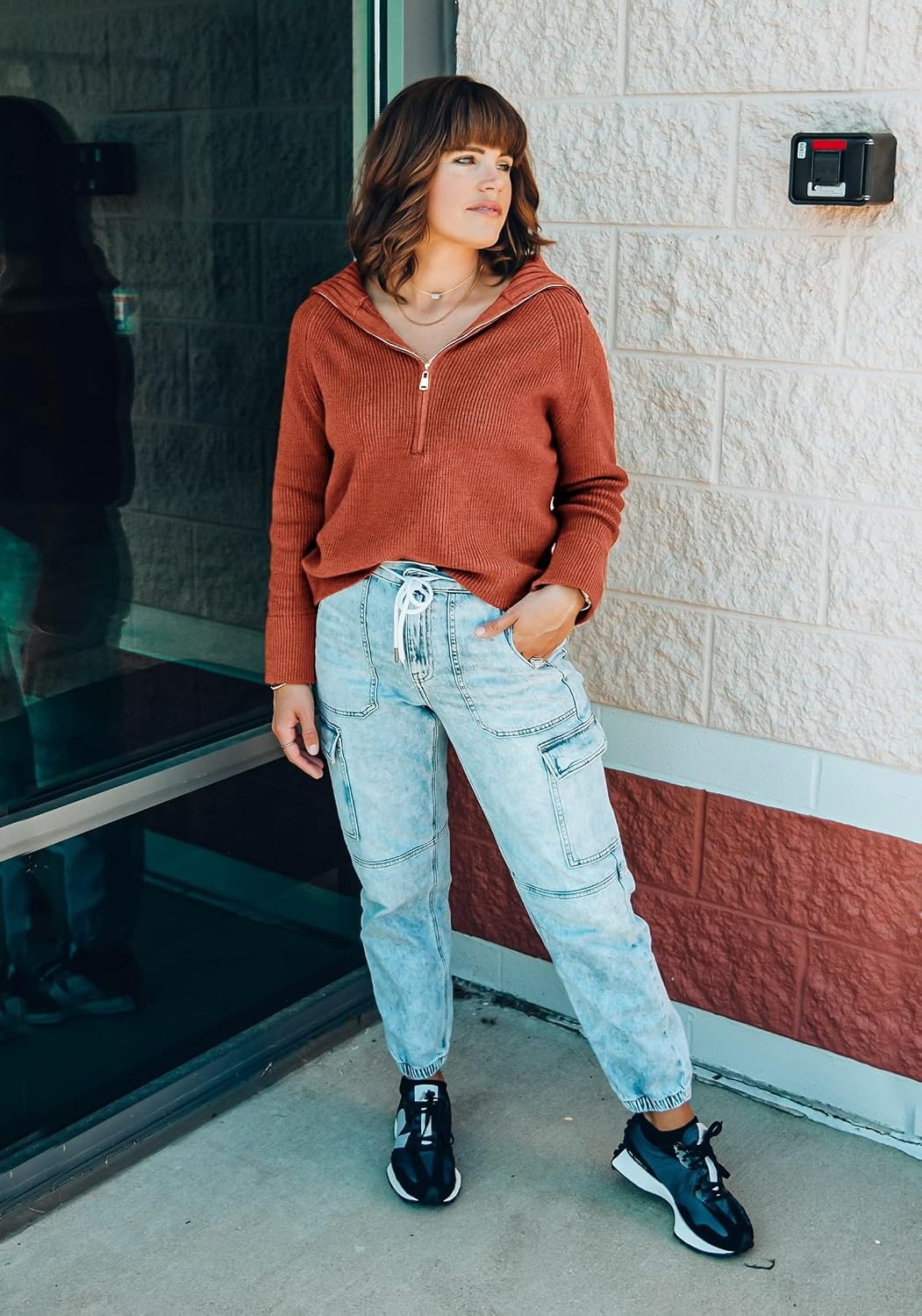 image:imageBTFBM Womens Sweaters Quarter Zip Pullover V Neck Collar Long Sleeve Ribbed Knit Loose Casual 2026 Winter Fall SweaterRust Red