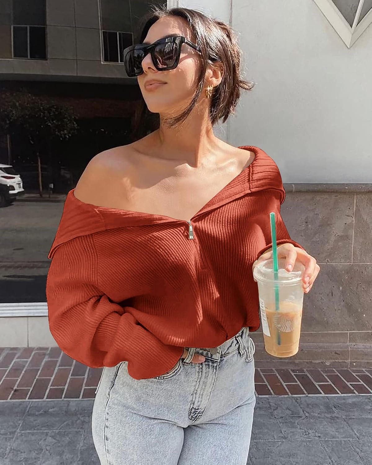 image:imageBTFBM Womens Sweaters Quarter Zip Pullover V Neck Collar Long Sleeve Ribbed Knit Loose Casual 2026 Winter Fall SweaterRust Red