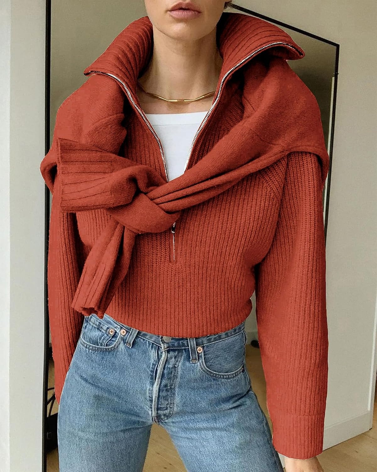 image:imageBTFBM Womens Sweaters Quarter Zip Pullover V Neck Collar Long Sleeve Ribbed Knit Loose Casual 2026 Winter Fall SweaterRust Red