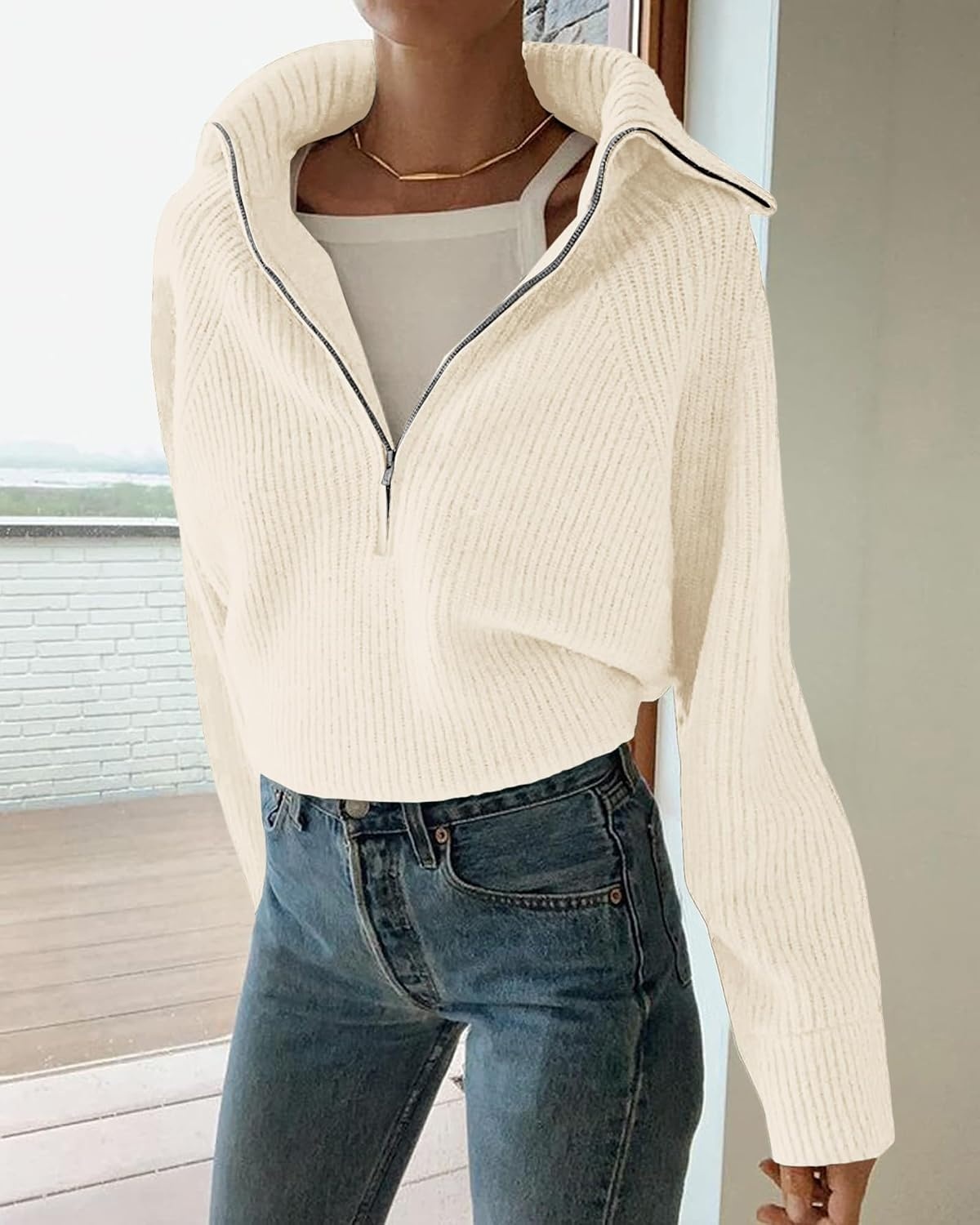 image:imageBTFBM Womens Sweaters Quarter Zip Pullover V Neck Collar Long Sleeve Ribbed Knit Loose Casual 2026 Winter Fall SweaterWhite