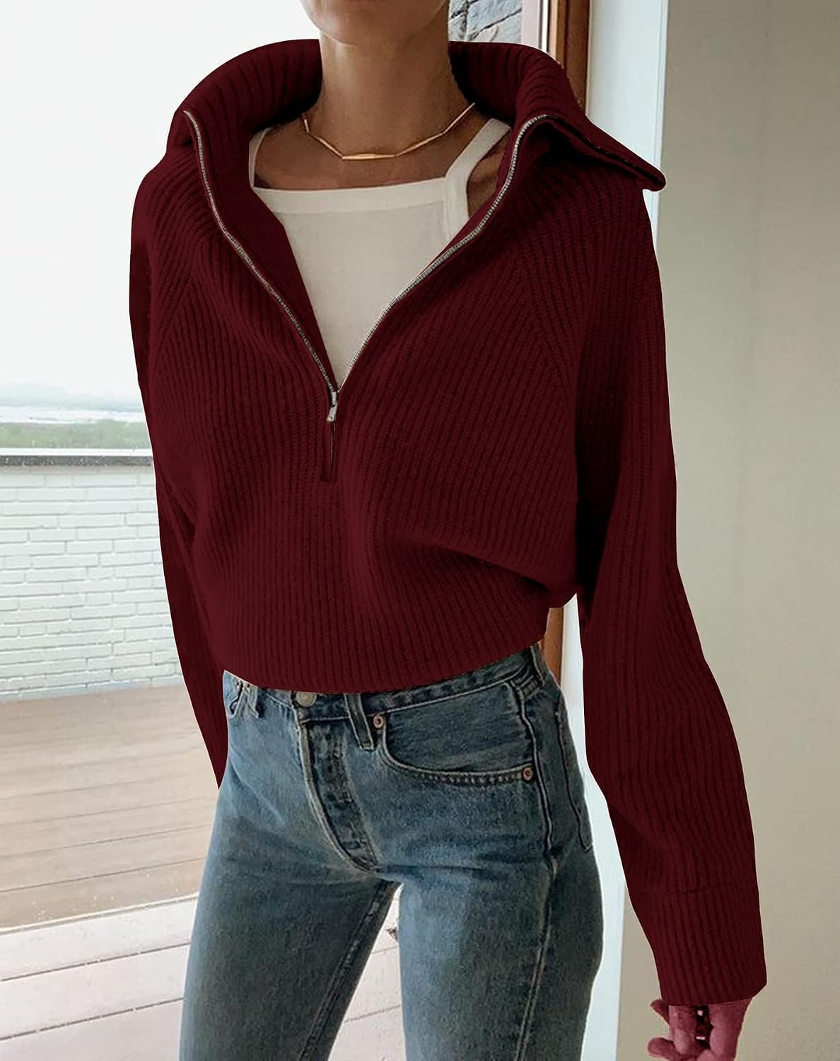 image:imageBTFBM Womens Sweaters Quarter Zip Pullover V Neck Collar Long Sleeve Ribbed Knit Loose Casual 2026 Winter Fall SweaterWine Red