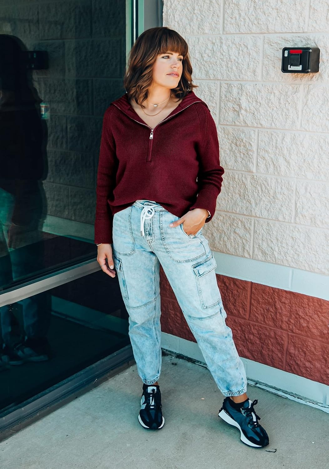 image:imageBTFBM Womens Sweaters Quarter Zip Pullover V Neck Collar Long Sleeve Ribbed Knit Loose Casual 2026 Winter Fall SweaterWine Red