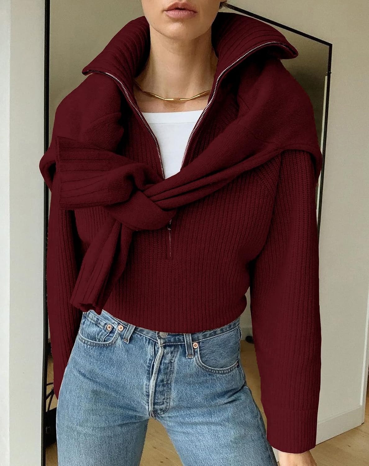 image:imageBTFBM Womens Sweaters Quarter Zip Pullover V Neck Collar Long Sleeve Ribbed Knit Loose Casual 2026 Winter Fall SweaterWine Red