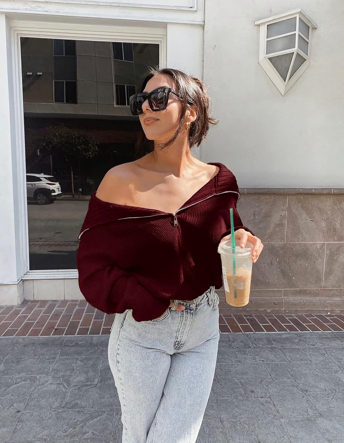 image:imageBTFBM Womens Sweaters Quarter Zip Pullover V Neck Collar Long Sleeve Ribbed Knit Loose Casual 2026 Winter Fall SweaterWine Red