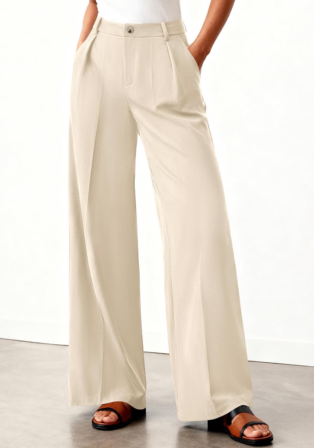 image:imageBTFBM Womens Wide Leg Palazzo Pants Button High Waisted with Pockets Casual Work Summer Outfits Trendy Business 2026Beige