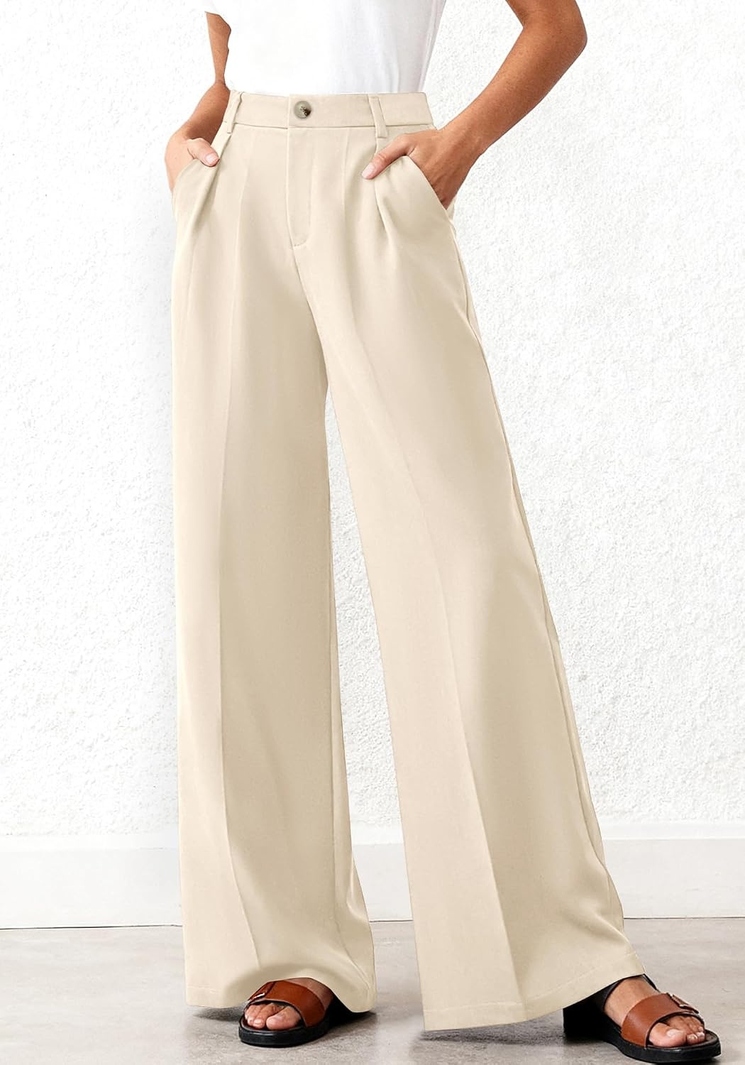 image:imageBTFBM Womens Wide Leg Palazzo Pants Button High Waisted with Pockets Casual Work Summer Outfits Trendy Business 2026Beige