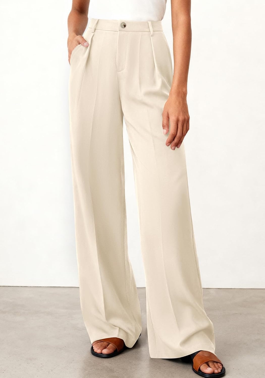 image:imageBTFBM Womens Wide Leg Palazzo Pants Button High Waisted with Pockets Casual Work Summer Outfits Trendy Business 2026Beige