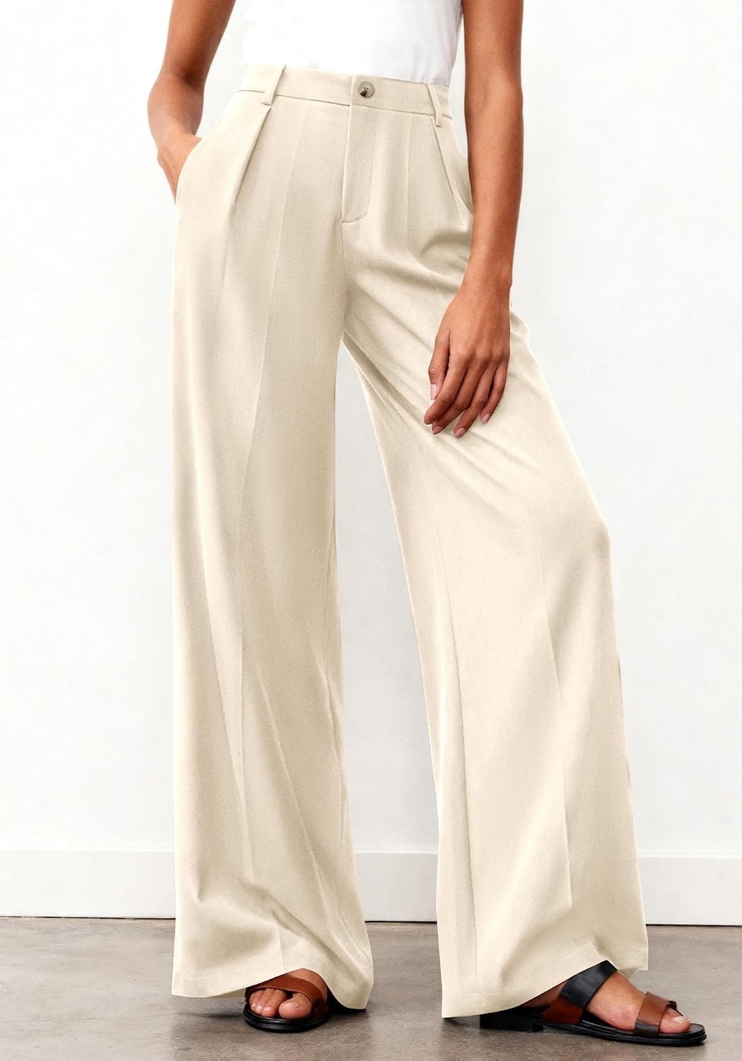 image:imageBTFBM Womens Wide Leg Palazzo Pants Button High Waisted with Pockets Casual Work Summer Outfits Trendy Business 2026Beige