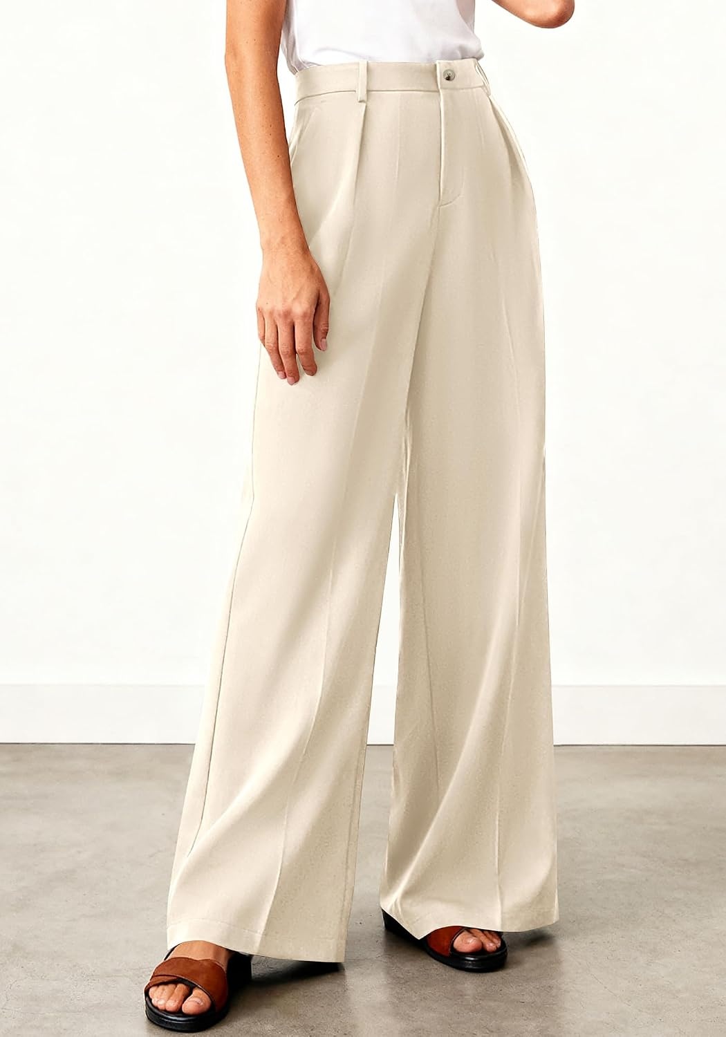 image:imageBTFBM Womens Wide Leg Palazzo Pants Button High Waisted with Pockets Casual Work Summer Outfits Trendy Business 2026Beige