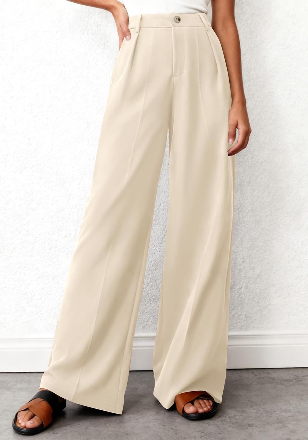 image:imageBTFBM Womens Wide Leg Palazzo Pants Button High Waisted with Pockets Casual Work Summer Outfits Trendy Business 2026Beige