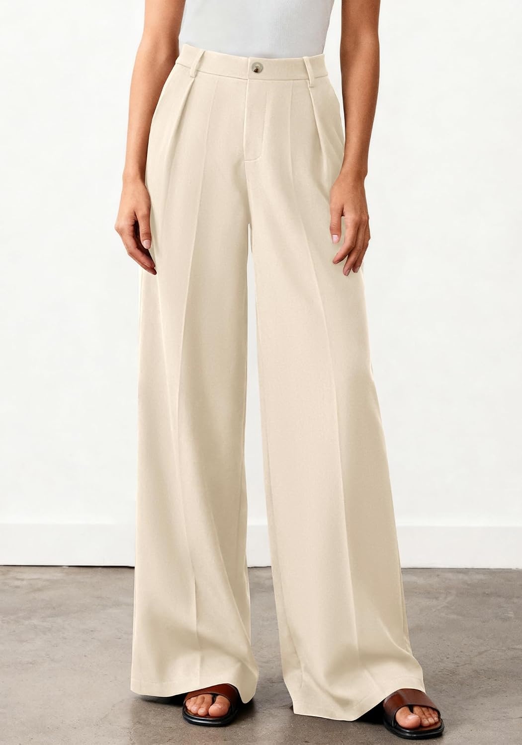 image:imageBTFBM Womens Wide Leg Palazzo Pants Button High Waisted with Pockets Casual Work Summer Outfits Trendy Business 2026Beige