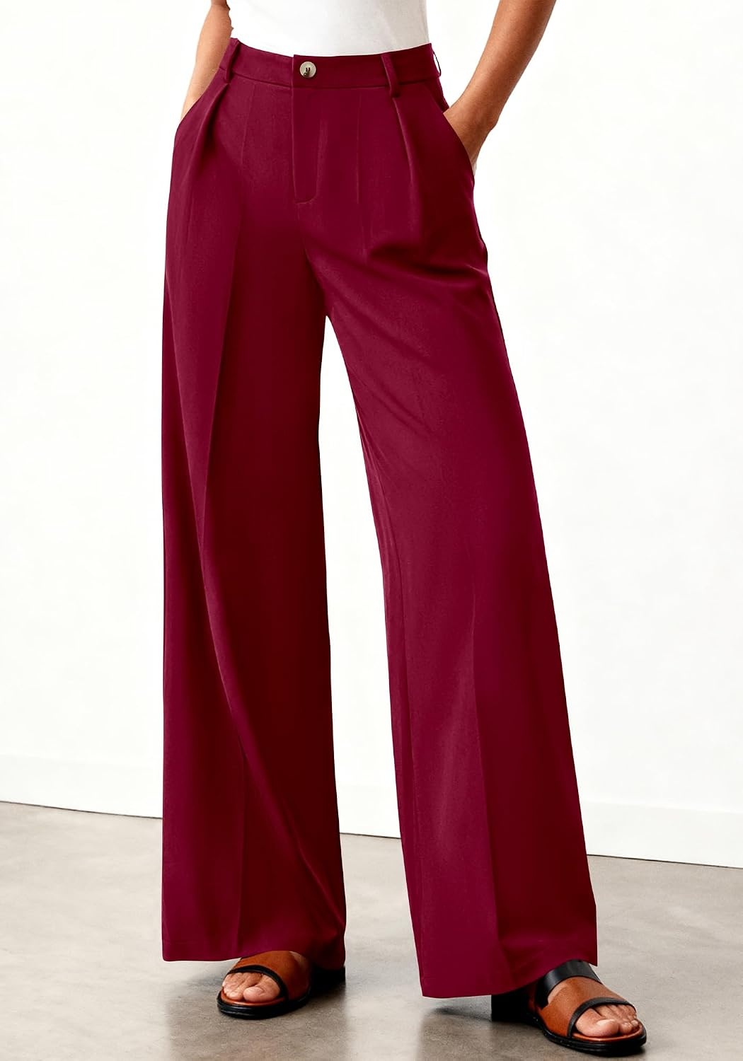 image:imageBTFBM Womens Wide Leg Palazzo Pants Button High Waisted with Pockets Casual Work Summer Outfits Trendy Business 2026Burgundy