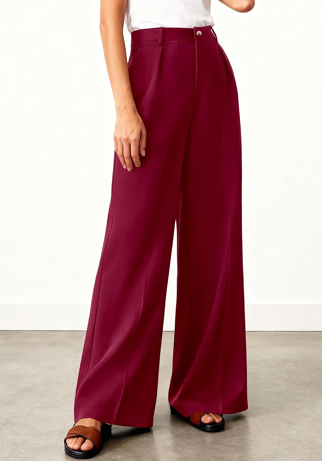 image:imageBTFBM Womens Wide Leg Palazzo Pants Button High Waisted with Pockets Casual Work Summer Outfits Trendy Business 2026Burgundy