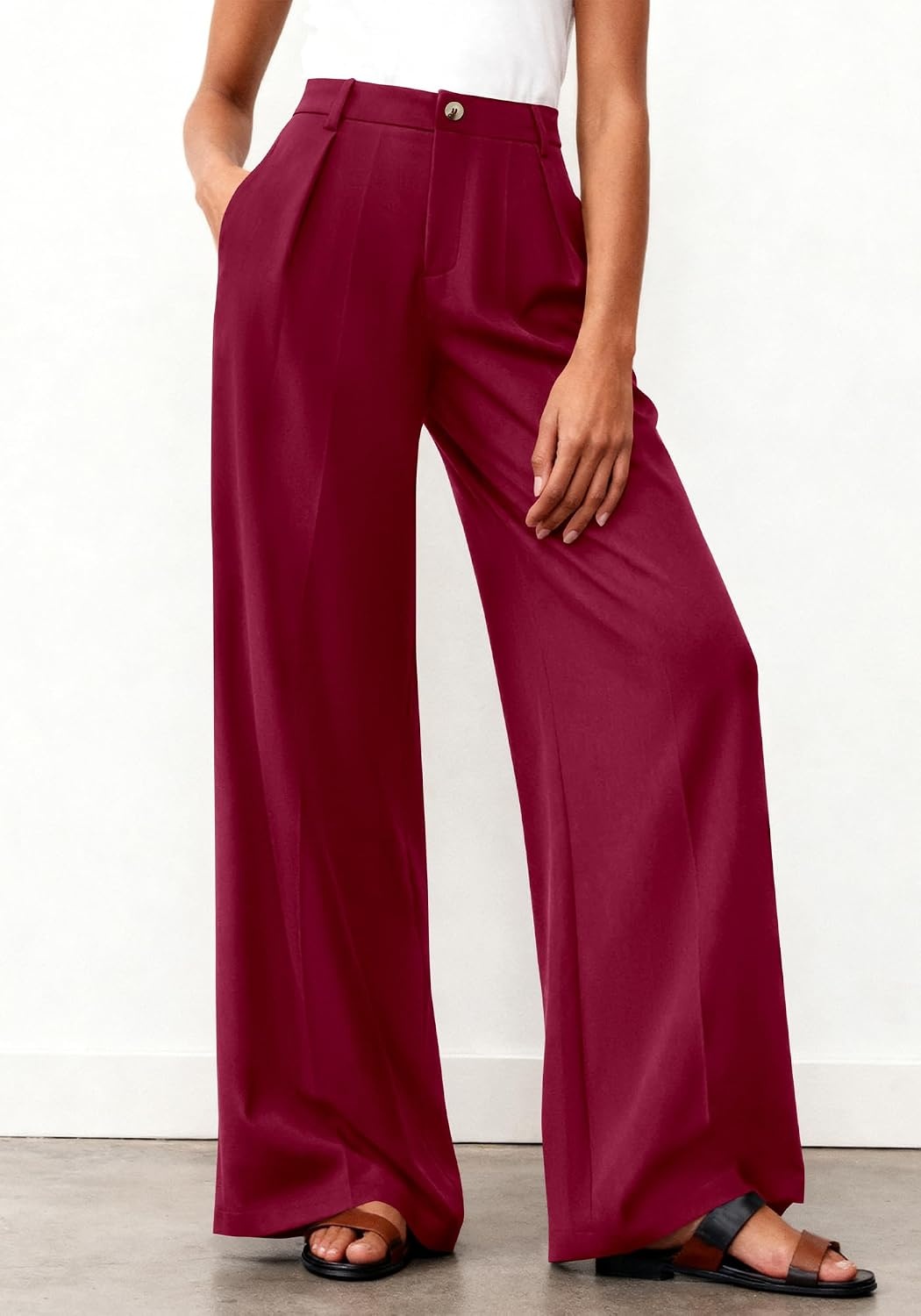 image:imageBTFBM Womens Wide Leg Palazzo Pants Button High Waisted with Pockets Casual Work Summer Outfits Trendy Business 2026Burgundy