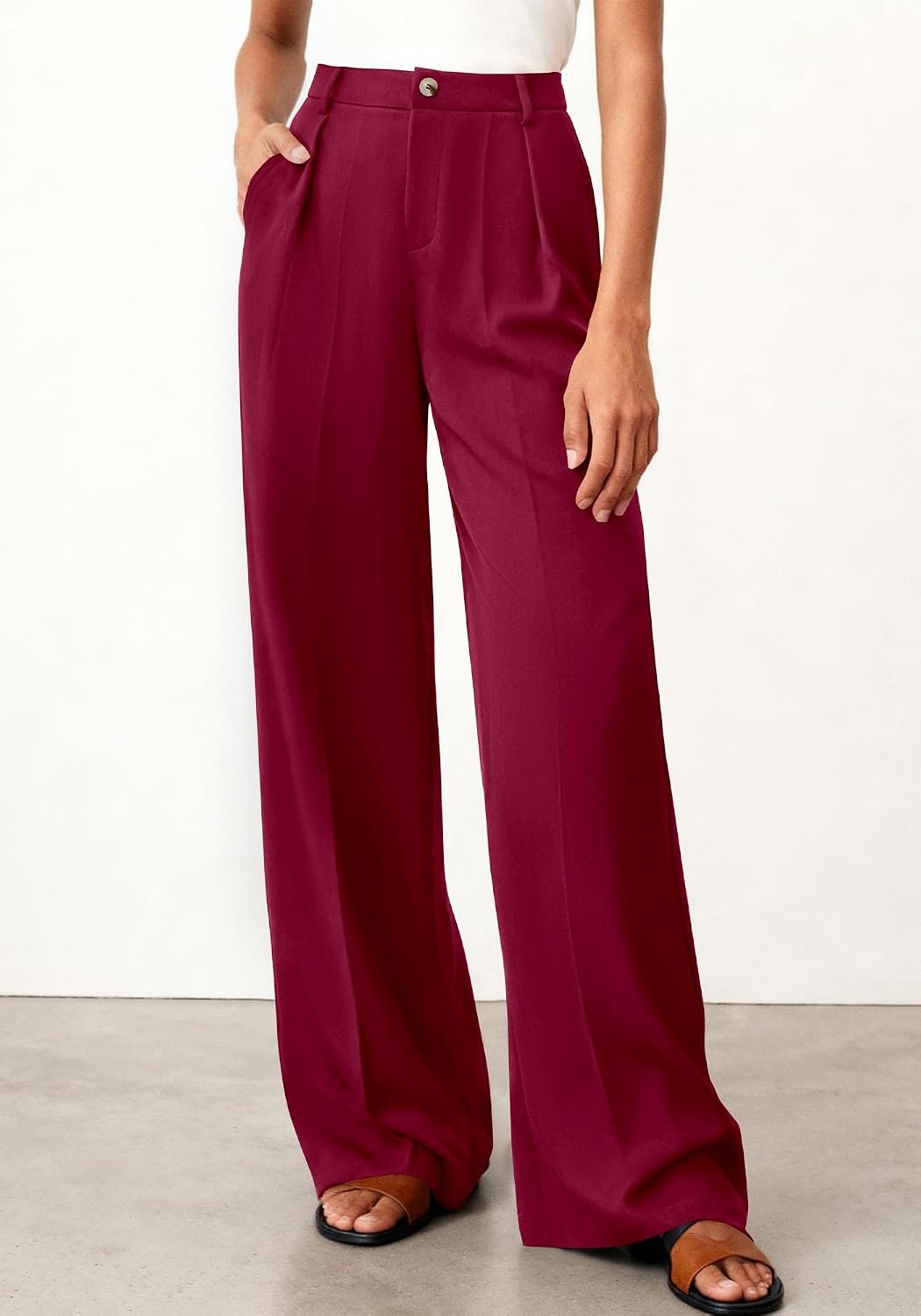 image:imageBTFBM Womens Wide Leg Palazzo Pants Button High Waisted with Pockets Casual Work Summer Outfits Trendy Business 2026Burgundy