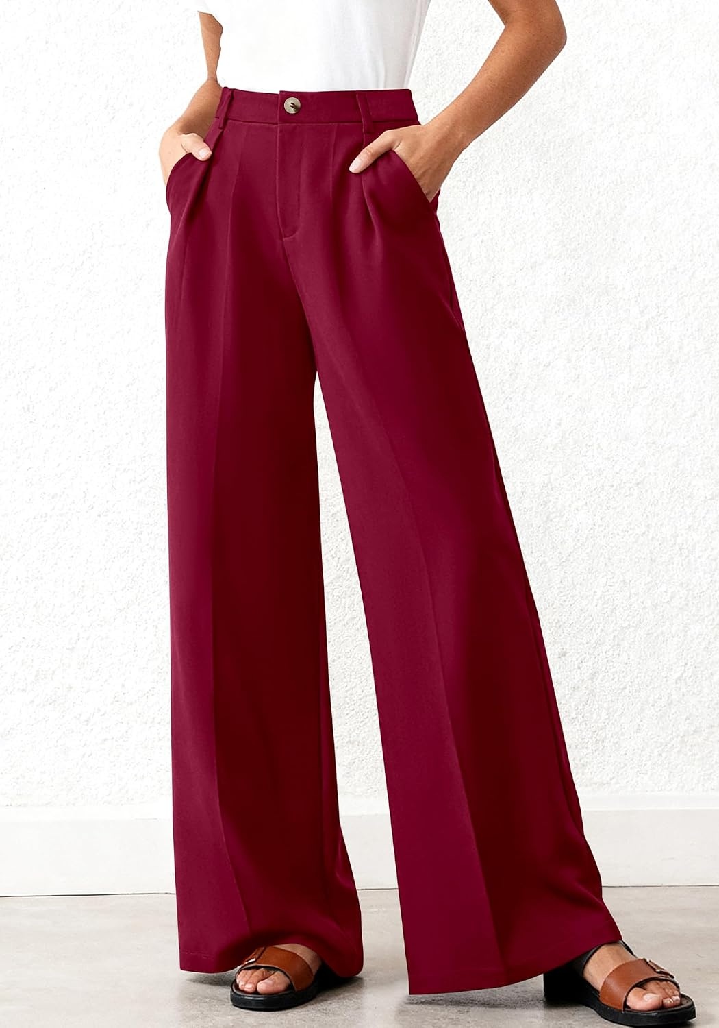 image:imageBTFBM Womens Wide Leg Palazzo Pants Button High Waisted with Pockets Casual Work Summer Outfits Trendy Business 2026Burgundy