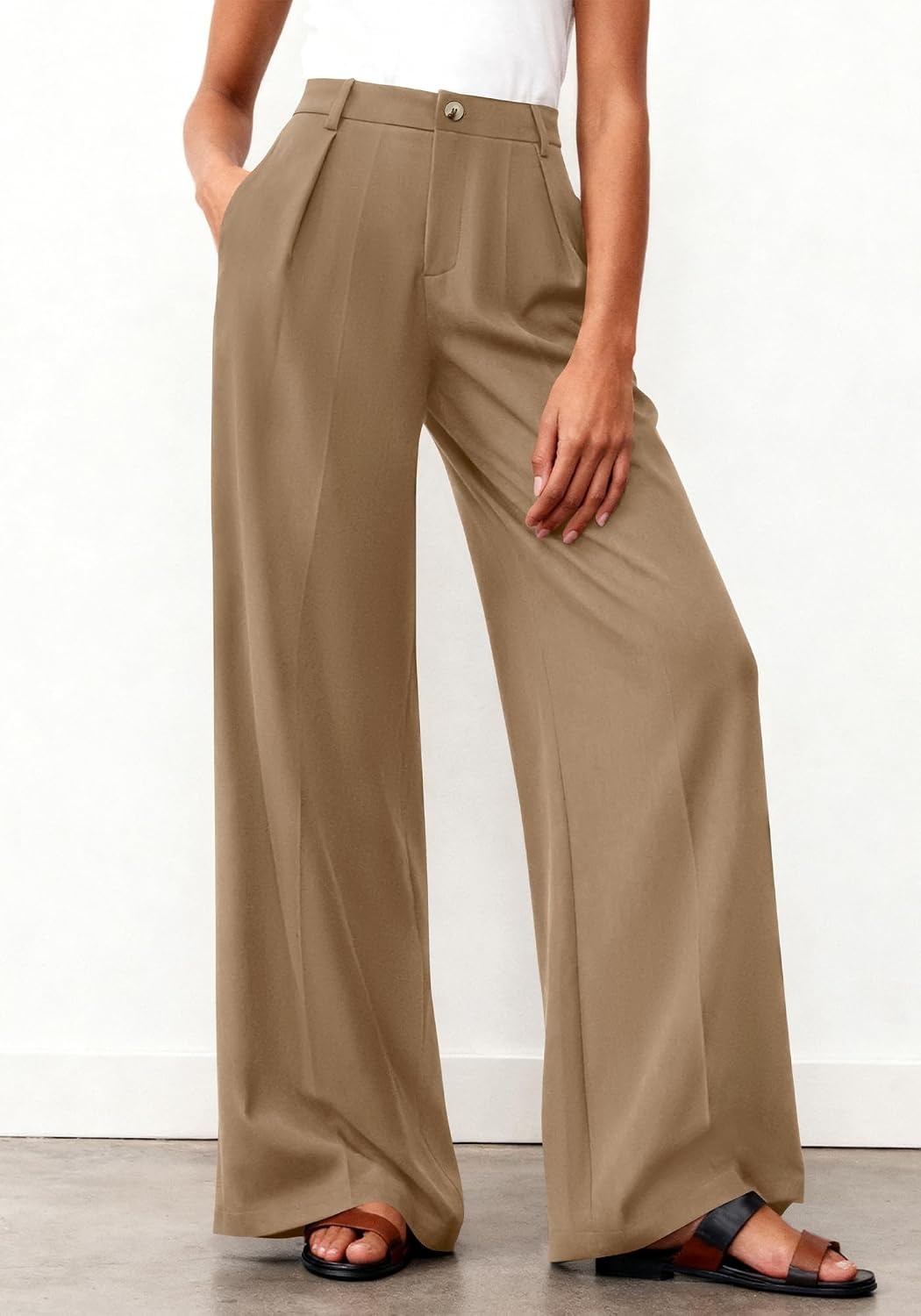 image:imageBTFBM Womens Wide Leg Palazzo Pants Button High Waisted with Pockets Casual Work Summer Outfits Trendy Business 2026Khaki
