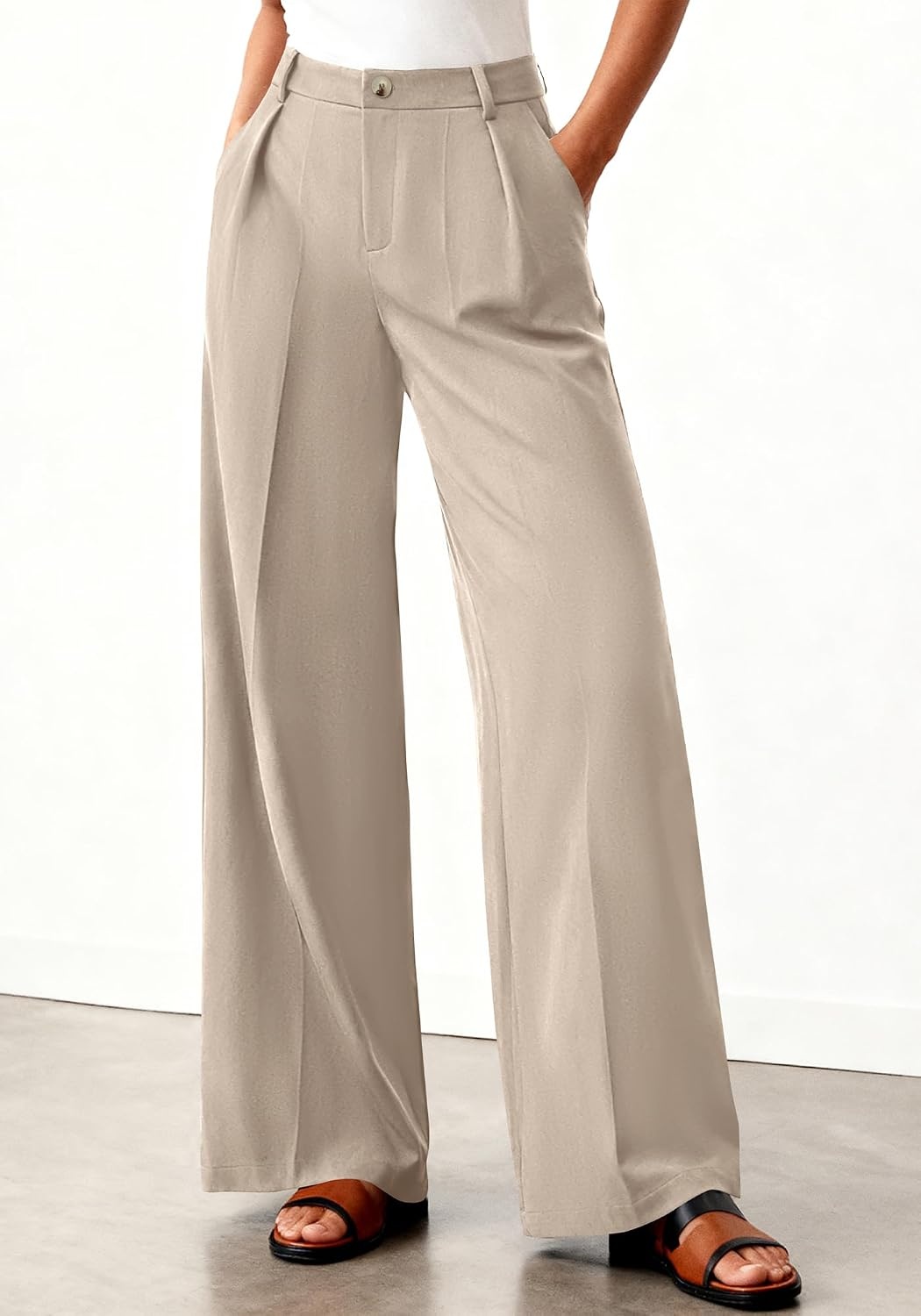 image:imageBTFBM Womens Wide Leg Palazzo Pants Button High Waisted with Pockets Casual Work Summer Outfits Trendy Business 2026Light Khaki