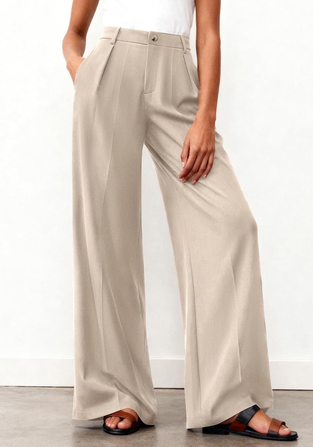 image:imageBTFBM Womens Wide Leg Palazzo Pants Button High Waisted with Pockets Casual Work Summer Outfits Trendy Business 2026Light Khaki