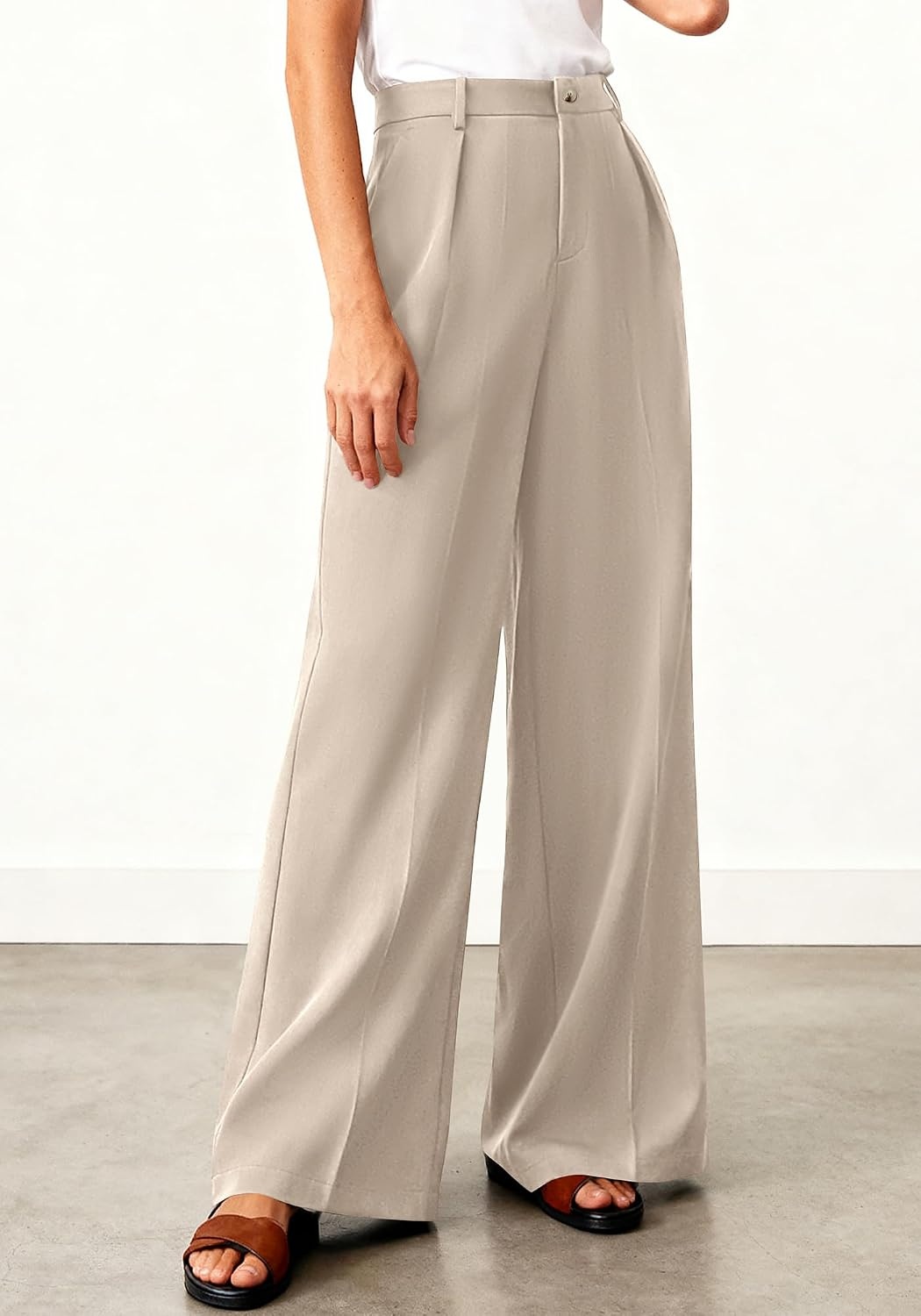image:imageBTFBM Womens Wide Leg Palazzo Pants Button High Waisted with Pockets Casual Work Summer Outfits Trendy Business 2026Light Khaki