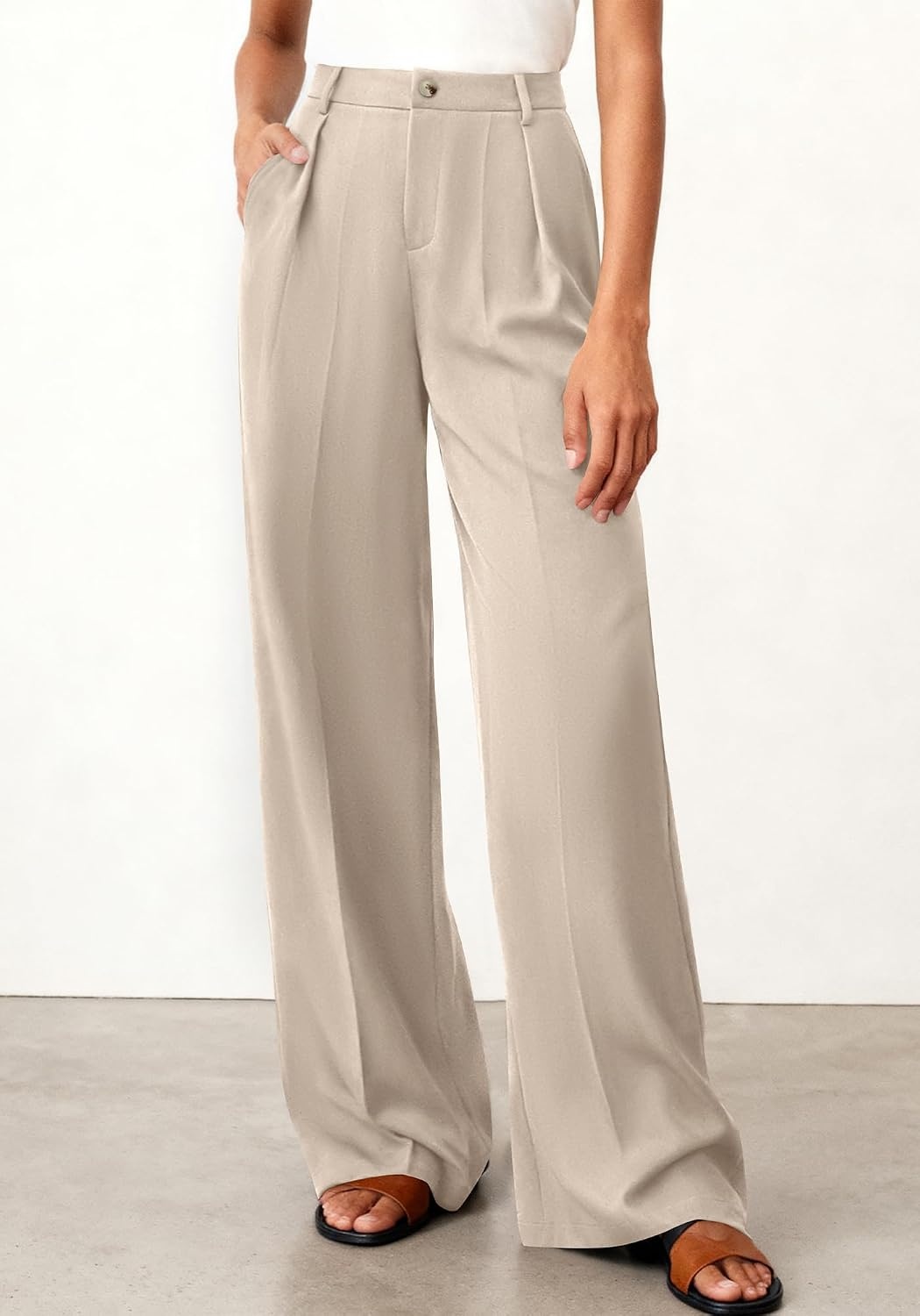 image:imageBTFBM Womens Wide Leg Palazzo Pants Button High Waisted with Pockets Casual Work Summer Outfits Trendy Business 2026Light Khaki