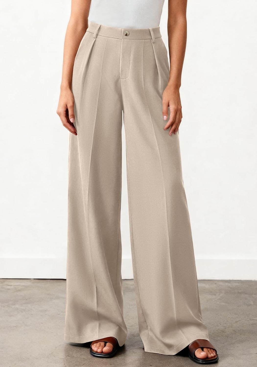 image:imageBTFBM Womens Wide Leg Palazzo Pants Button High Waisted with Pockets Casual Work Summer Outfits Trendy Business 2026Light Khaki