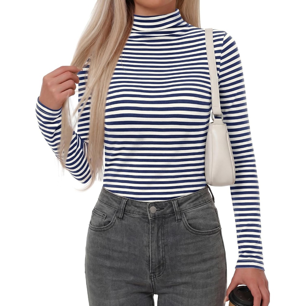 image:imageBTFBM Long Sleeve Shirts for Women Turtleneck Striped Shirt Lightweight Basic Thermal Underwear Tops 2026 Fall FashionNavy Blue White