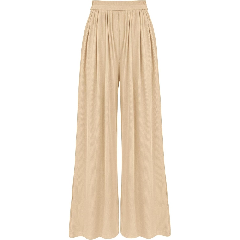 image:imageBTFBM Palazzo Pants for Women 2026 Summer Clothes Pockets High Waist Casual Ribbed Knit Flowy Spring Wide Leg TrousersBeige
