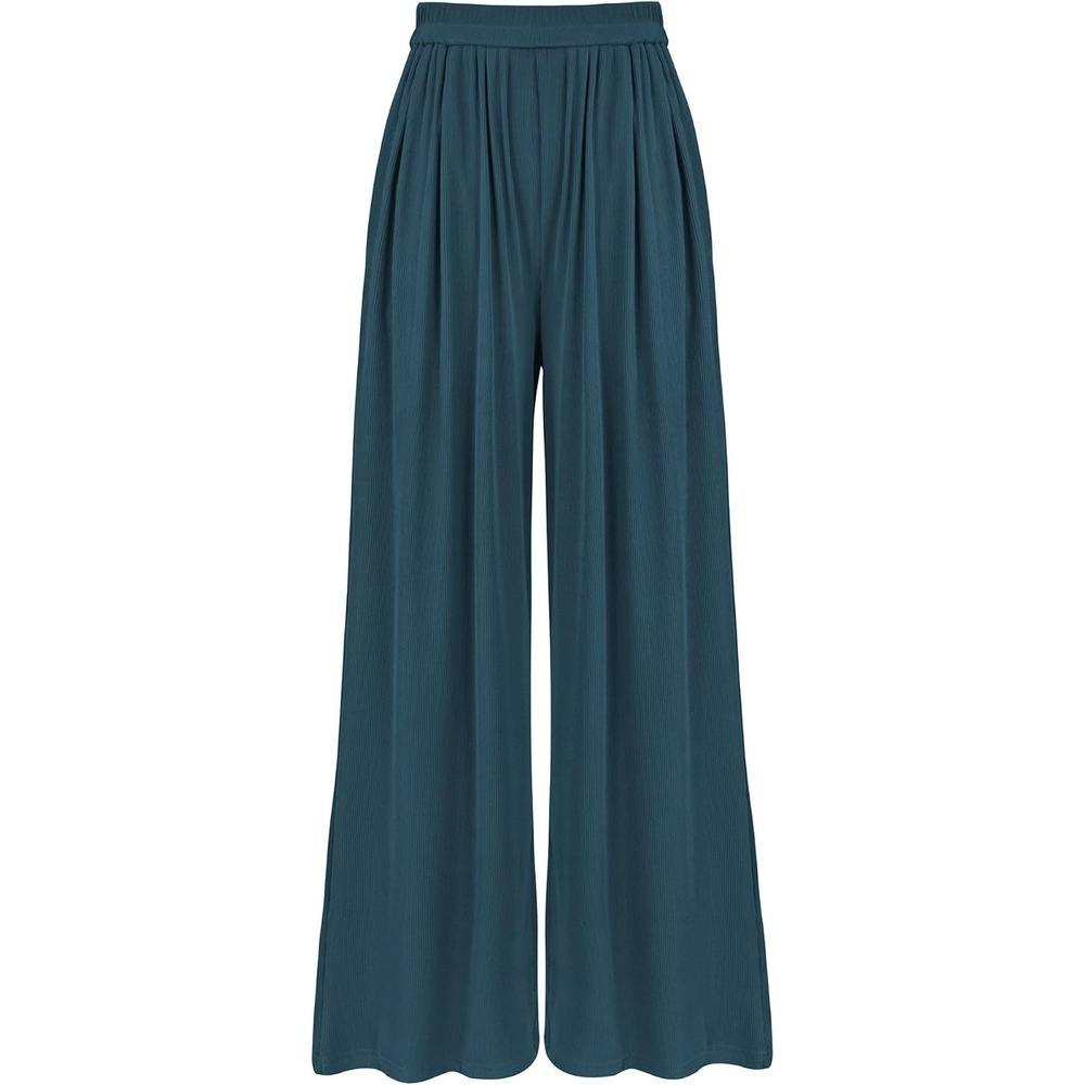 image:imageBTFBM Palazzo Pants for Women 2026 Summer Clothes Pockets High Waist Casual Ribbed Knit Flowy Spring Wide Leg TrousersLake Blue
